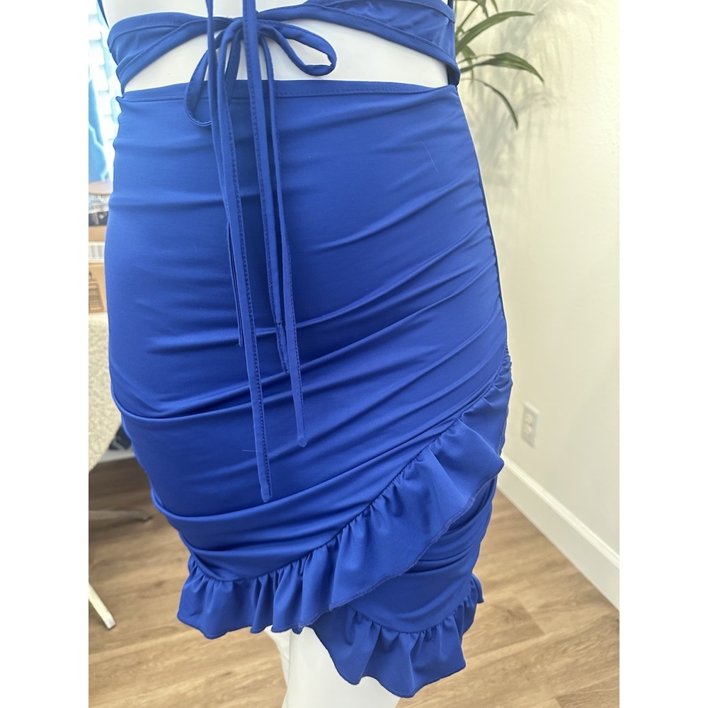 Electric Blue Cut Out Clubwear Dress M/6/8 Bodycon Ruffle Bare Midriff Low Cut - Picture 3 of 9